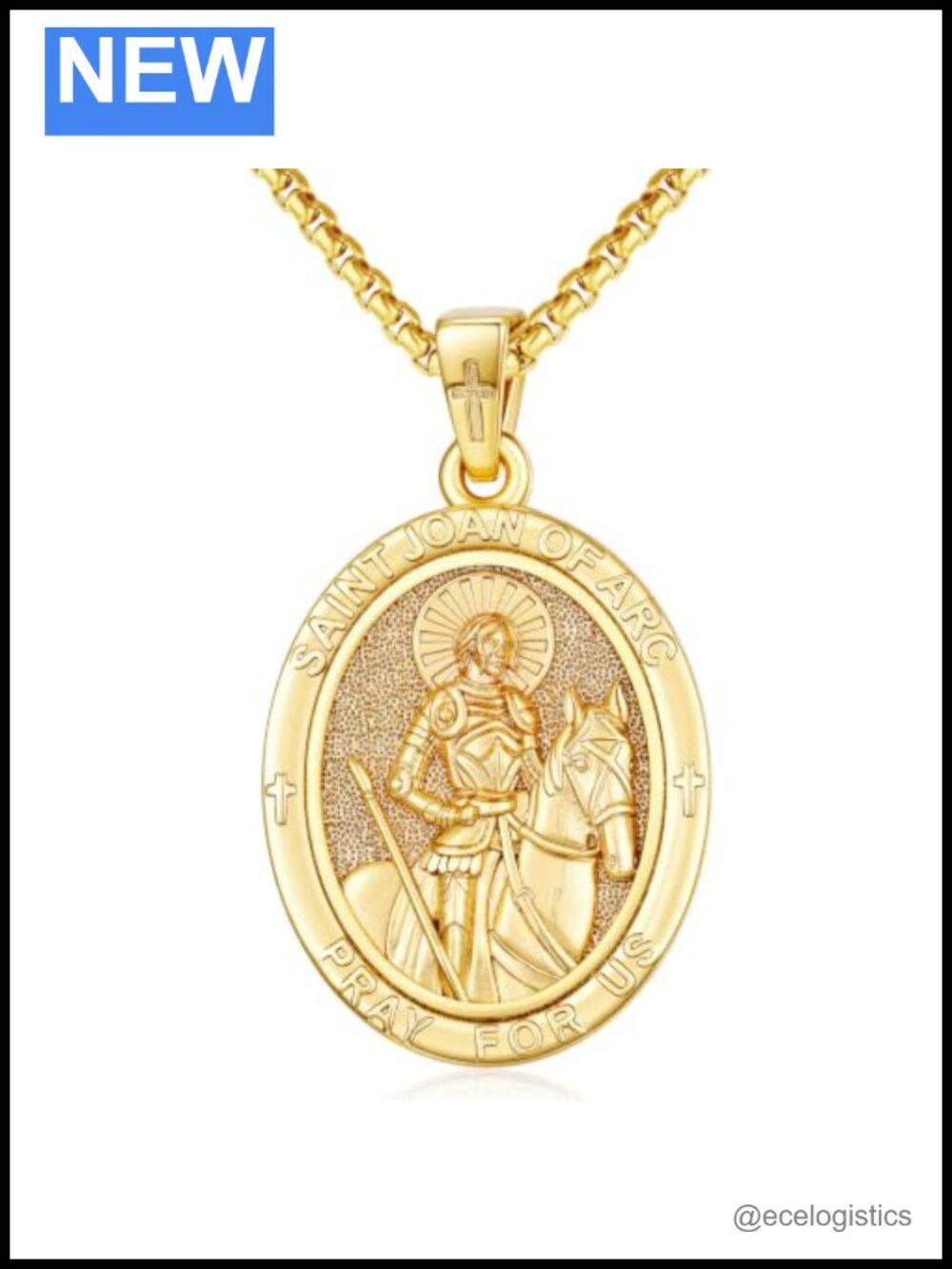 14K Gold Plated St Joan of Arc Medal Necklace 20in Rolo Chain